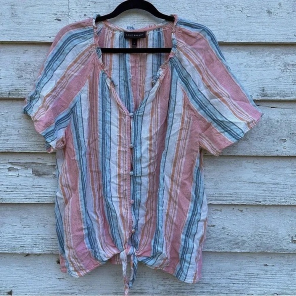 Lane Bryant Top‎ Stripe V Neck Button Down Linen Blend in excellent condition
